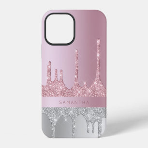 Modern stylish rose gold silver glitter drips iPhone 12 case