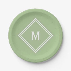 Modern Stylish Sage Green Custom Monogram Paper Plate