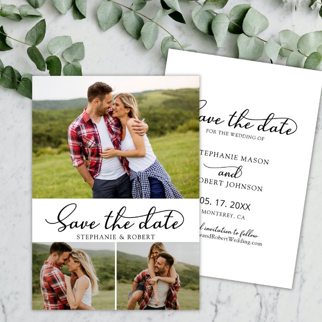 Modern Stylish Script 3 Photo Collage Wedding Save The Date (Creator Uploaded)