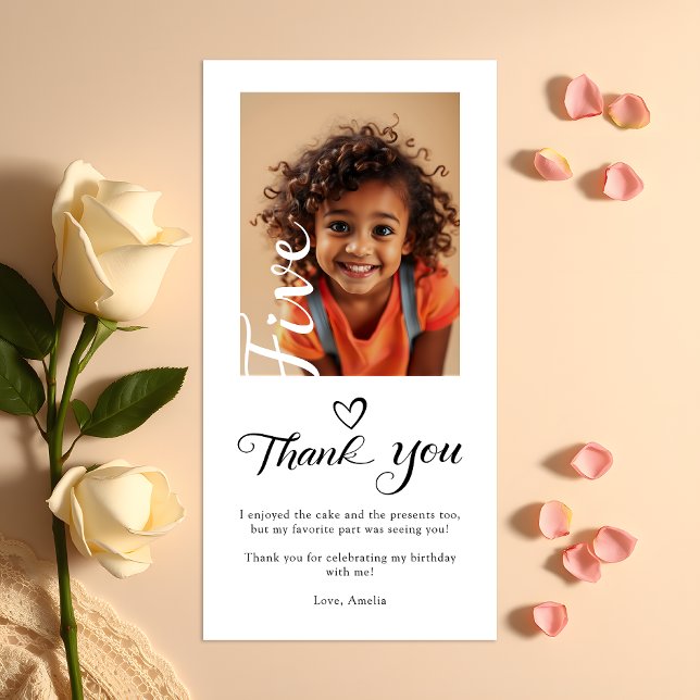 Modern Stylish Script 5th Birthday Photo Thank You Card (Creator Uploaded)