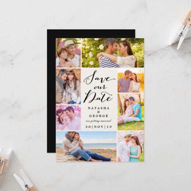 Modern Stylish Script 8 Multi Photo Save The Date Invitation (Front/Back In Situ)