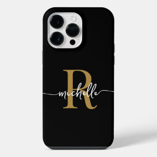 Modern Stylish Script BlackGold  Monogram Initial  iPhone 14 Pro Max Case
