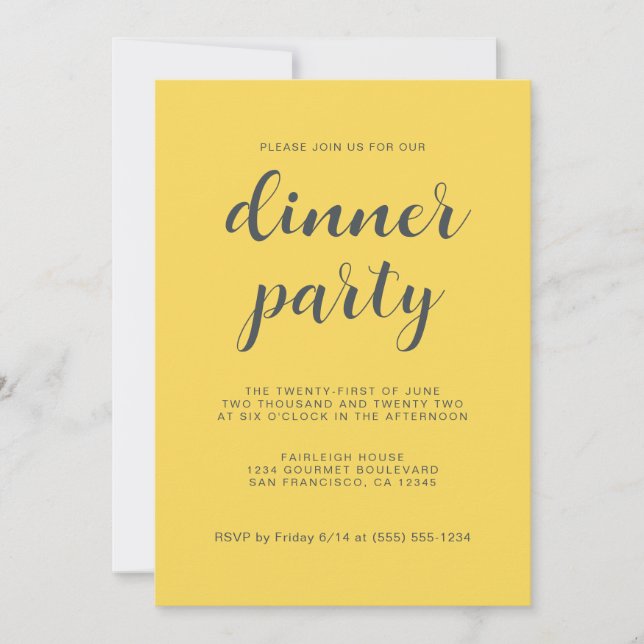 Modern Stylish Script Bright Yellow Dinner Party Invitation (Front)