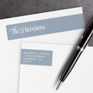 Modern Stylish Script Dusty Blue Return Address Wrap Around Label
