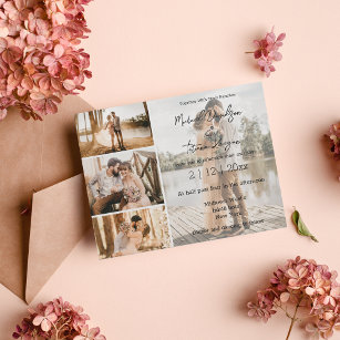 modern stylish script four photos collage wedding  invitation