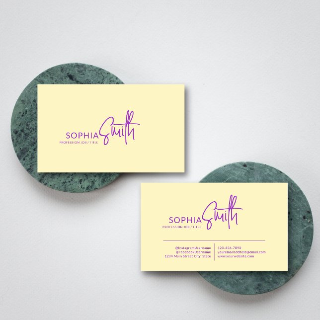 Modern Stylish Script Pale Yellow & Purple Business Card (Creator Uploaded)