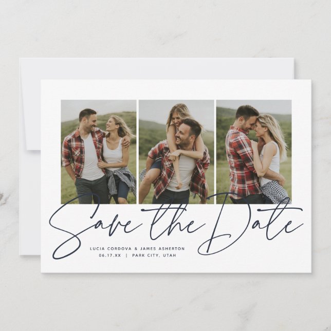 Modern stylish script three photo navy blue save the date (Front)