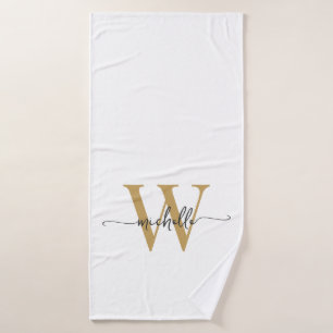 Modern Stylish Script White Gold Monogram Name Bath Towel