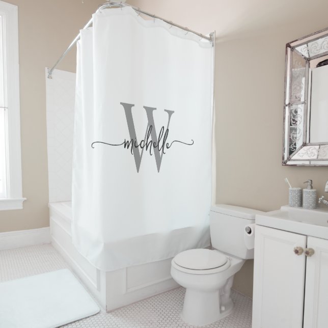 Modern Stylish Script White Grey Monogram Name Shower Curtain (In Situ)