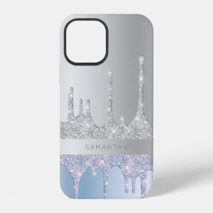 Modern stylish silver & blue glitter drips iPhone 12 case