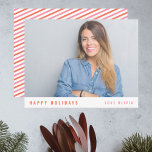 Modern Stylish Simple Christmas Single Photo Holiday Card<br><div class="desc">A stylish holiday photo flat greeting card with modern contemporary typography “Happy Holidays” and your name in red and pink on a clean simple minimalist white background. The reverse has a pink and red candy stripe pattern. The photo, name and greeting can be easily customised for a personal touch. A...</div>