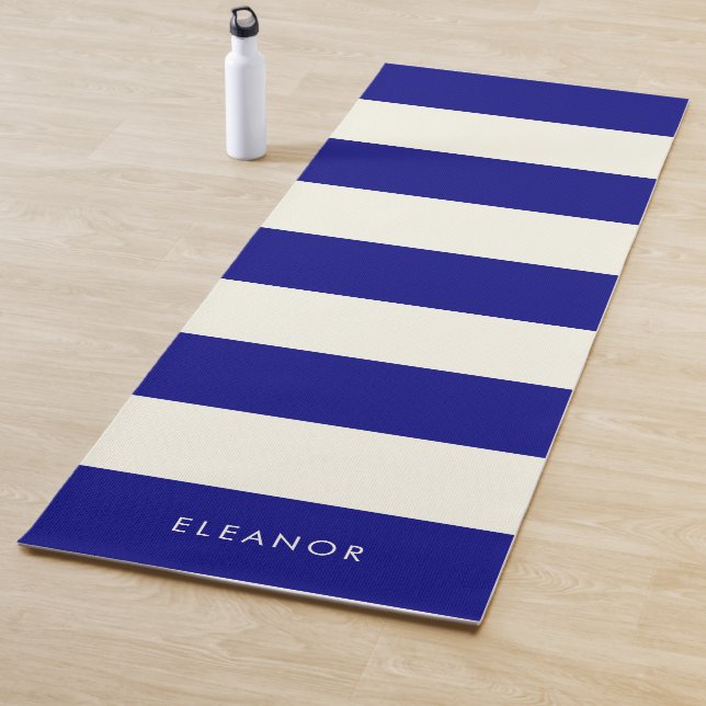 Modern Stylish Simple Ivory and Navy Custom Name Yoga Mat (In Situ)
