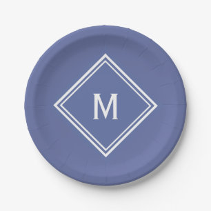 Modern Stylish Slate Blue Custom Monogram Paper Plate