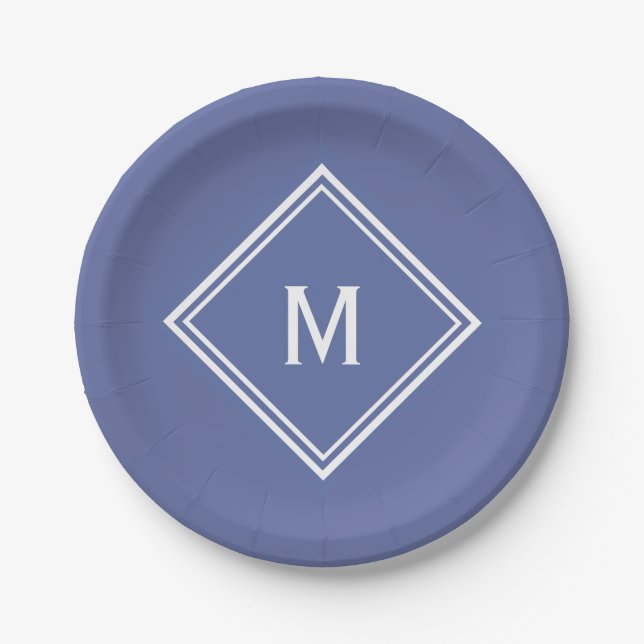 Modern Stylish Slate Blue Custom Monogram Paper Plate (Front)