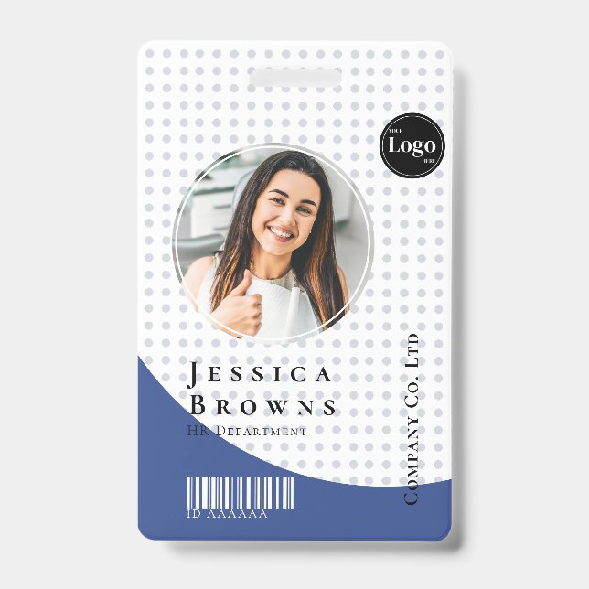 Modern Stylish Staff Photo Barcode Deep Blue ID Badge (Front)