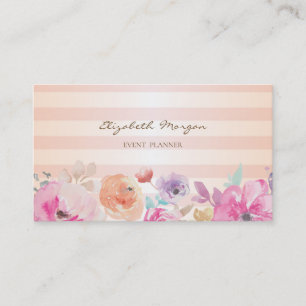 Modern Stylish Striped Watercolor Flowers Business Card