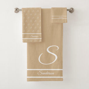 Modern Stylish Tan Sand Beige n White Monogram Bath Towel Set