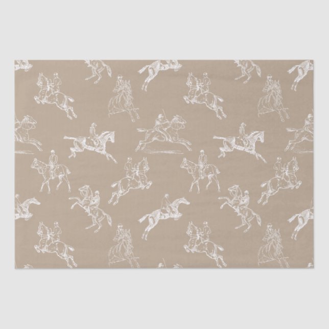 Modern Stylish Taupe White Horseback Riding Toile Tissue Paper (Front)