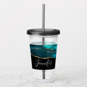 Modern Stylish Teal Agate & Gold Ribbon on Black Acrylic Tumbler