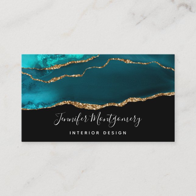 Modern Stylish Teal Agate & Gold Ribbon on Black Business Card (Front)