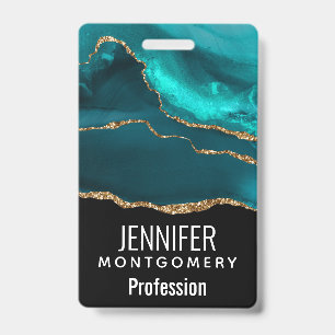 Modern Stylish Teal Agate & Gold Ribbon on Black ID Badge