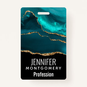Modern Stylish Teal Agate & Gold Ribbon on Black ID Badge