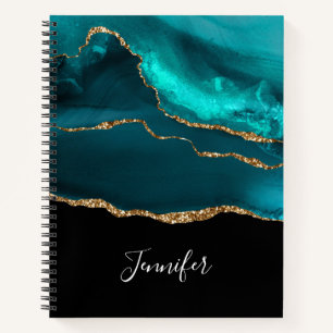 Modern Stylish Teal Agate & Gold Ribbon on Black Notebook