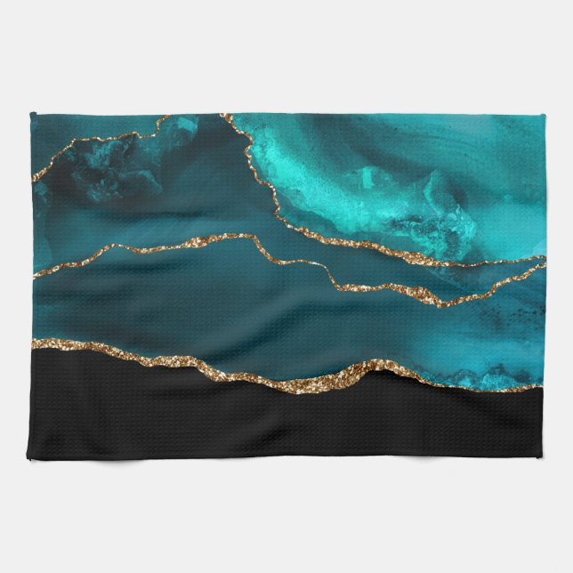 Modern Stylish Teal Agate & Gold Ribbon on Black Tea Towel (Horizontal)