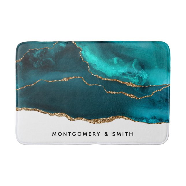 Modern Stylish Teal Agate & Gold Ribbon on White Bath Mat (Front)