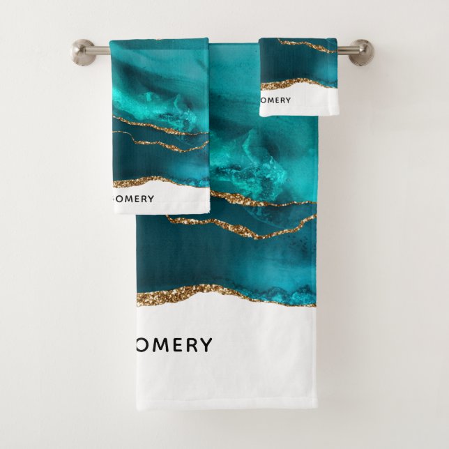 Modern Stylish Teal Agate & Gold Ribbon on White Bath Towel Set (Insitu)