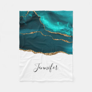 Modern Stylish Teal Agate & Gold Ribbon on White Fleece Blanket