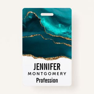 Modern Stylish Teal Agate & Gold Ribbon on White ID Badge