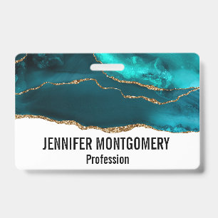 Modern Stylish Teal Agate & Gold Ribbon on White ID Badge