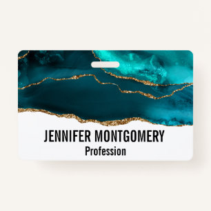 Modern Stylish Teal Agate & Gold Ribbon on White ID Badge