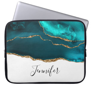 Modern Stylish Teal Agate & Gold Ribbon on White Laptop Sleeve
