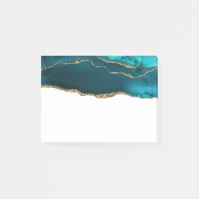 Modern Stylish Teal Agate & Gold Ribbon on White Post-it Notes (Front)