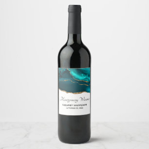 Modern Stylish Teal Agate & Gold Ribbon on White Wine Label