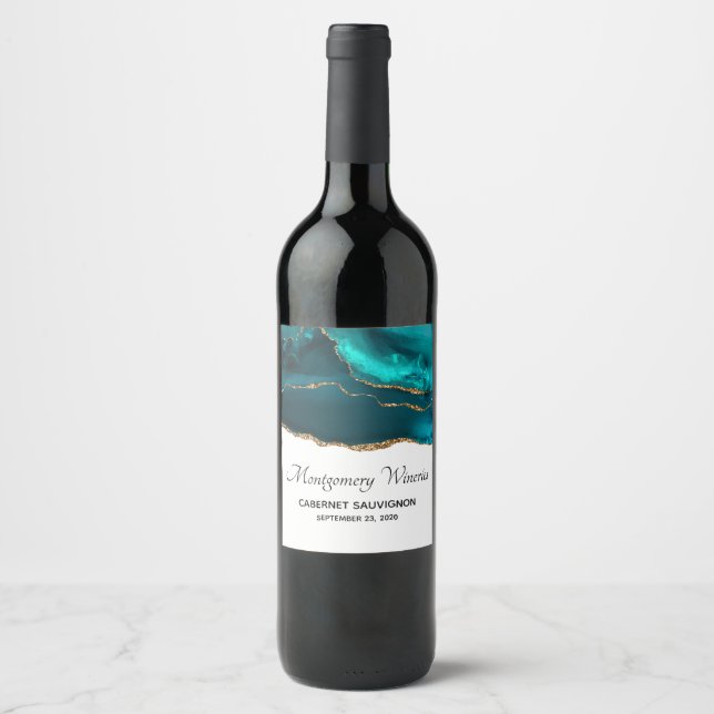 Modern Stylish Teal Agate & Gold Ribbon on White Wine Label (Front)