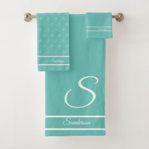 Modern Stylish Teal Blue and White Monogram Bath Bath Towel Set