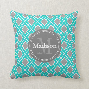 Modern Stylish Teal Blue Grey Diamond Pattern Cushion