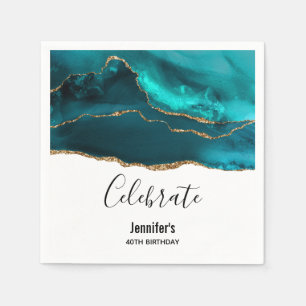 Modern Stylish Teal & Gold Agate on White Birthday Napkin