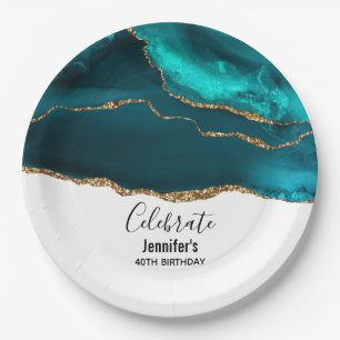 Modern Stylish Teal & Gold Agate on White Birthday Paper Plate