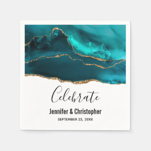 Modern Stylish Teal & Gold Agate on White Napkin