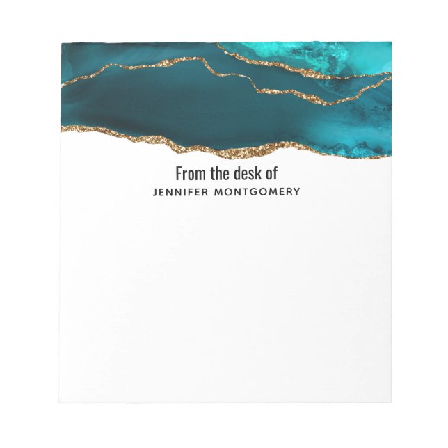 Modern Stylish Teal & Gold Agate on White Notepad (Front)