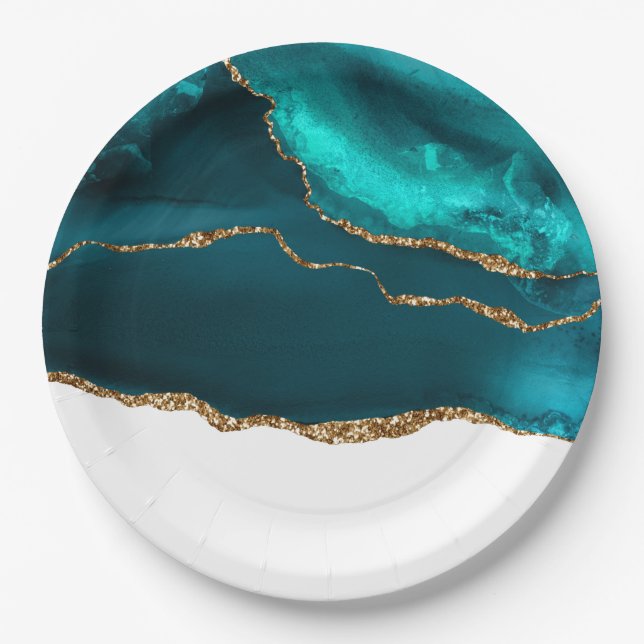 Modern Stylish Teal & Gold Agate on White Paper Plate (Front)