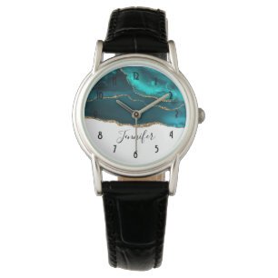 Modern Stylish Teal & Gold Agate on White Watch