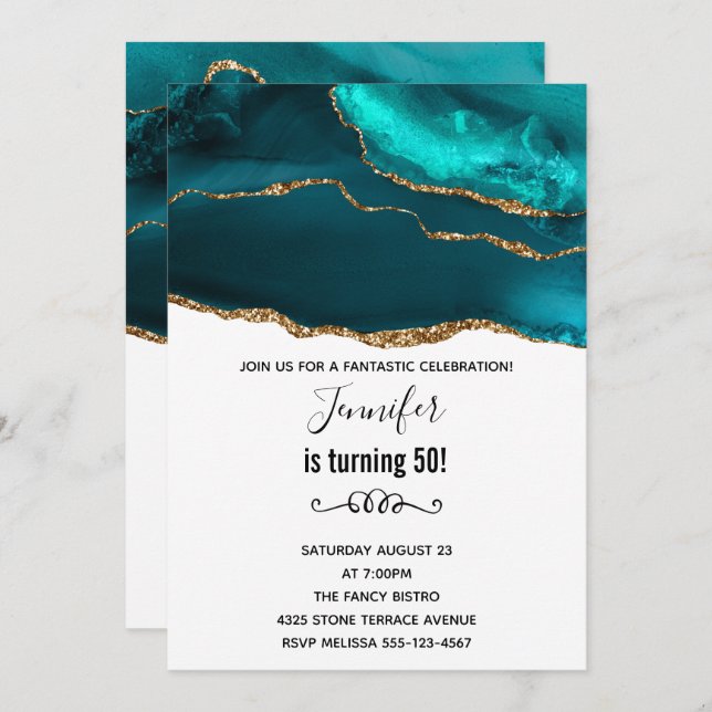 Modern Stylish Teal Gold & White Agate Birthday Invitation (Front/Back)