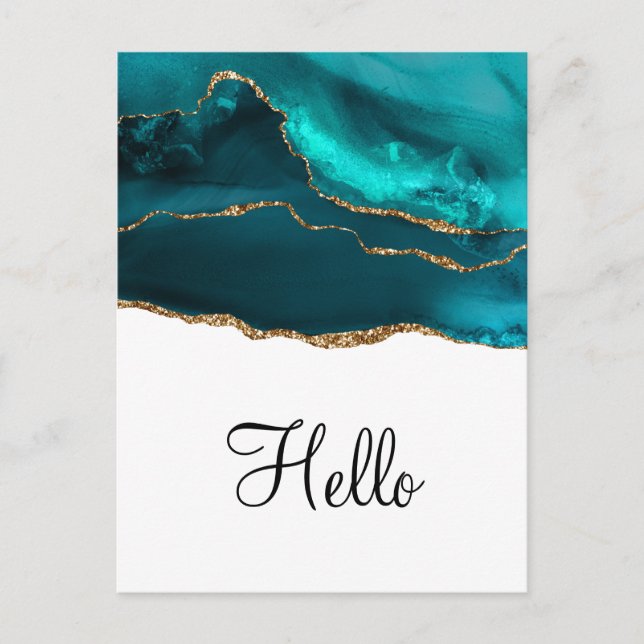 Modern Stylish Teal Gold & White Agate Hello Postcard (Front)