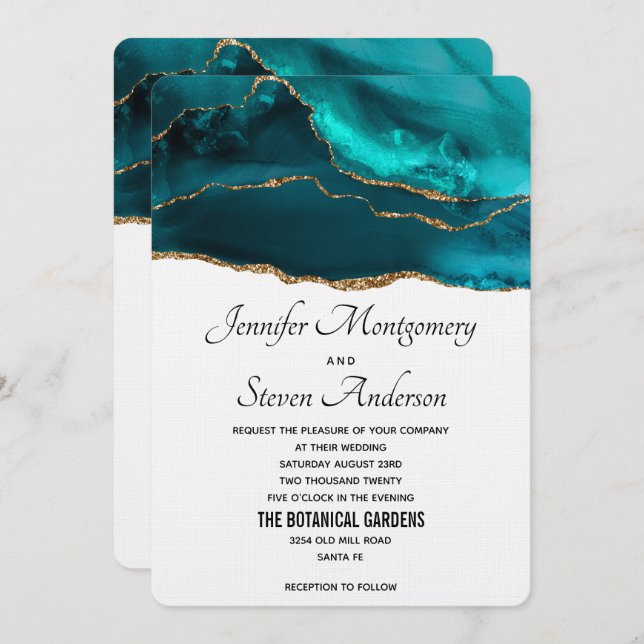 Modern Stylish Teal Gold & White Agate Wedding Invitation (Front/Back)