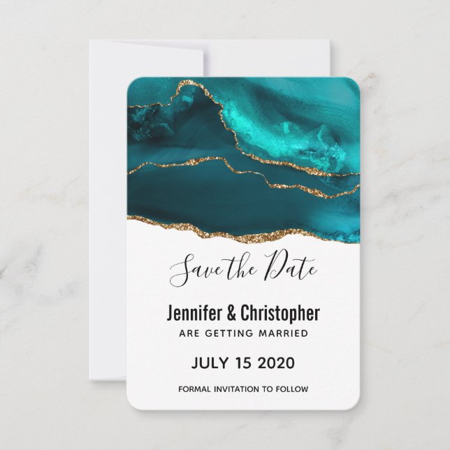 Modern Stylish Teal Gold & White Agate Wedding Save The Date (Front)